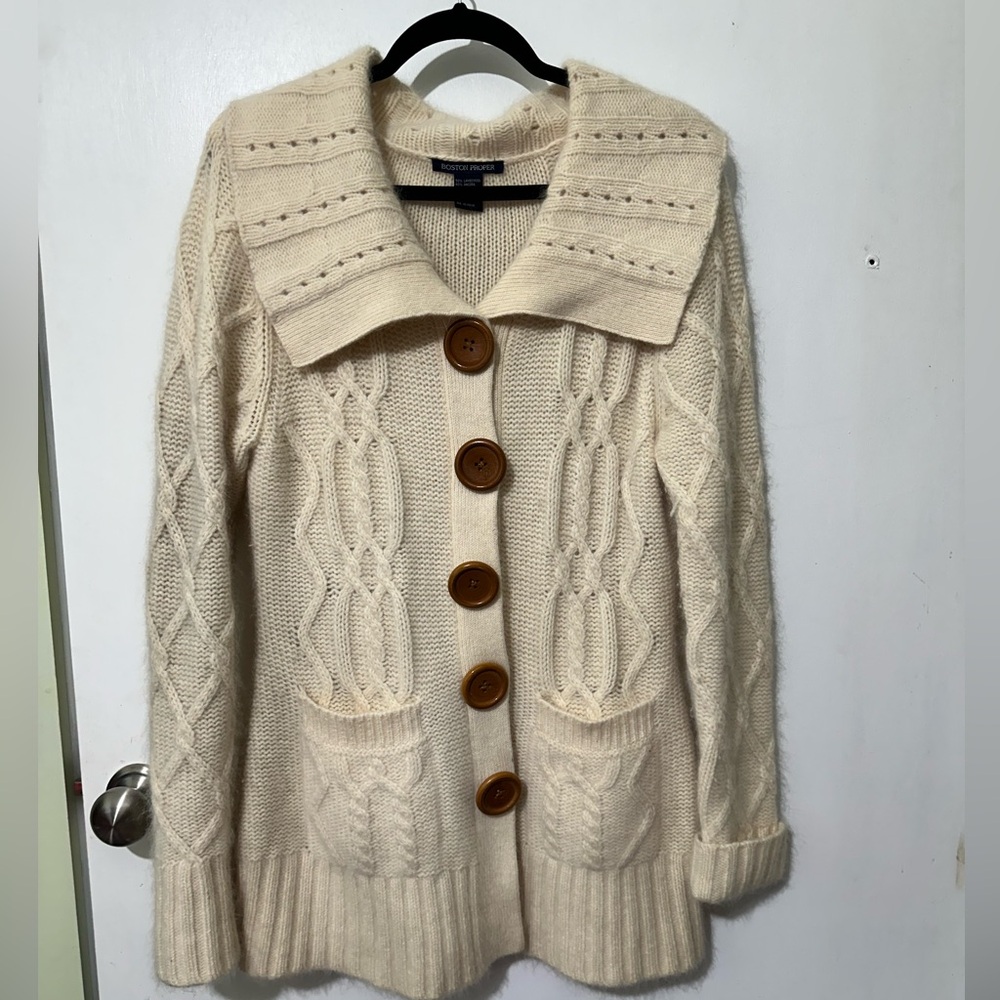 Boston Proper Oversize Lambswool Angora Cable Knit Cardigan Sweater Womens M